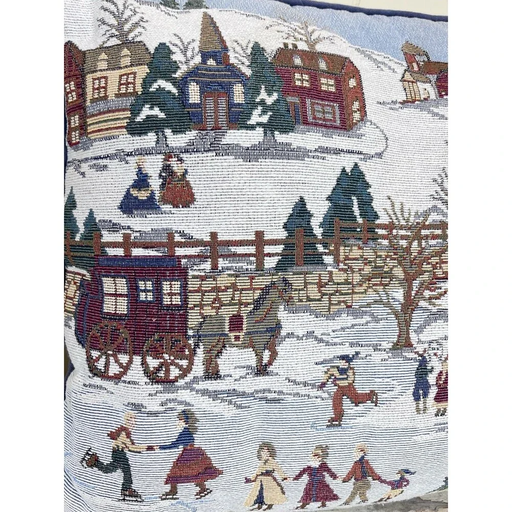 Vintage Hand Sewn Decorative Throw Pillow Winter Skating Scene Holiday Decor 15”